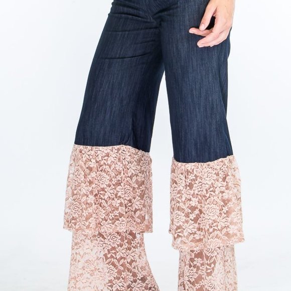 Womens Elegant Denim and Lace Bell Bottom Jean's Elastic waistband SizeS,M,L,XL - Picture 3 of 3